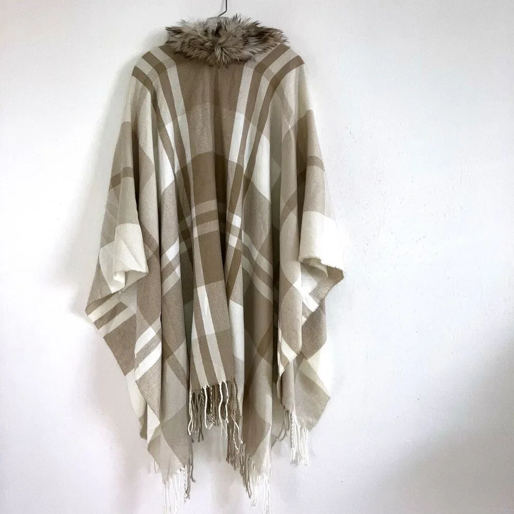 MIXIT One Size Faux Fur Collar Shawl Wrap Cape Poncho Neutral Cozy Fringe OSFM
